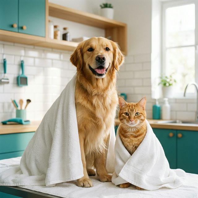 Cachorro feliz com toalha limpa